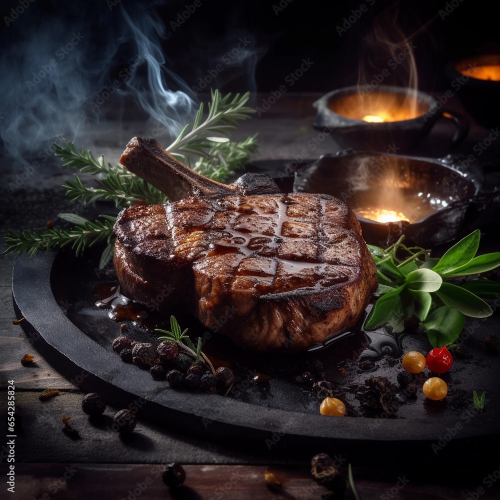 Close up of beef steak in cast iron skillet. Created with Generative AI technology.