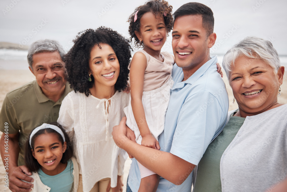 Portrait, smile and selfie of family at beach on holiday, vacation and travel outdoor. Happy parents, grandparents and children at ocean in profile picture for care, bonding together and love at sea