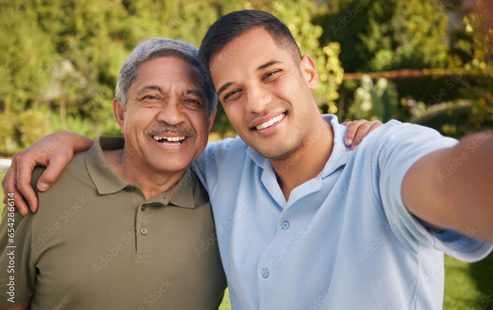 Portrait, selfie of man and mature father at park on vacation, holiday or travel outdoor. Face, picture and dad with adult person at garden for care, happy family bonding or smile together in nature