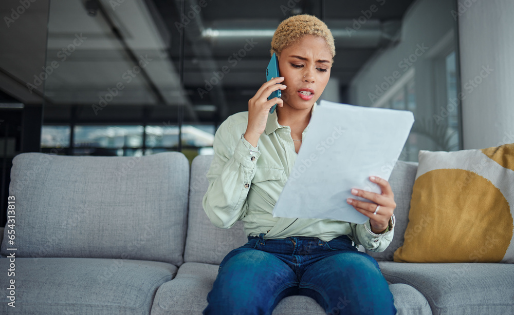 Home, phone call and serious woman with documents, conversation and connection with network. Person, customer and girl with paperwork, angry or contact for discussion or communication of mobile user