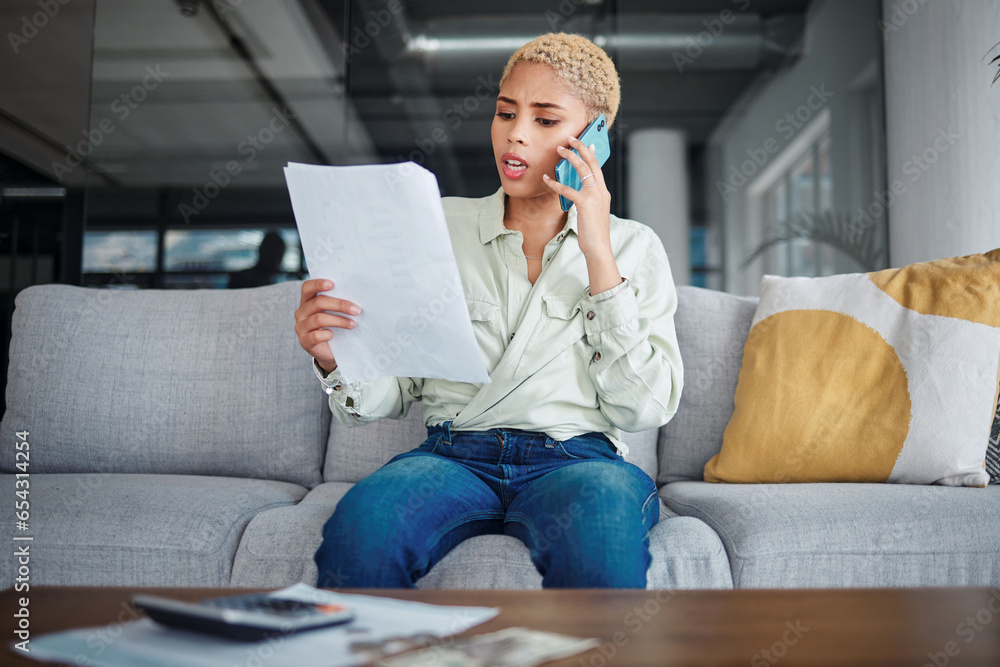 Angry, phone call and woman with documents, conversation and connection with network, home or speaking. Person, customer or girl with paperwork, frustrated or contact with discussion, stress or shock