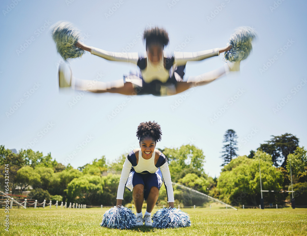 Portrait, cheerleader or girl in jump motion on field for fitness training in outdoor workout for performance. Smile, blur or happy sports woman on grass for motivation, inspiration or support