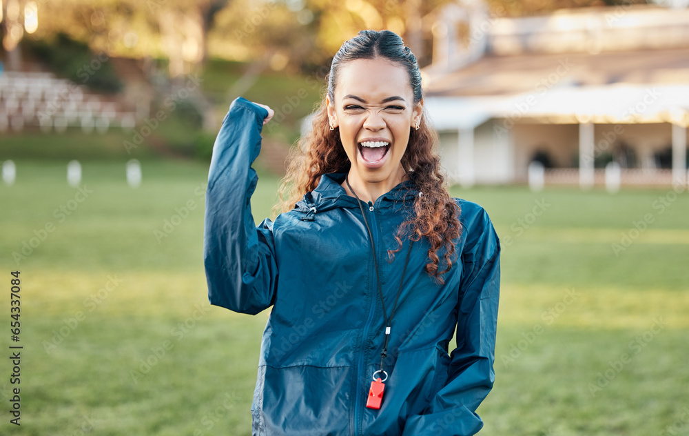 Woman, sport celebration and winner portrait with excited coach on a field for game and workout. Training, yes and fitness performance success of person with winning and achievement from exercise