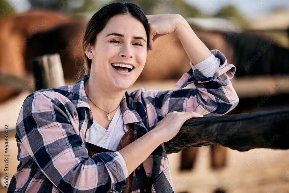 Smile, equestrian and horse riding with a woman jockey on a farm or ranch for training and practice. Cowboy, western and a happy young rider outdoor in the countryside for recreation or leisure hobby