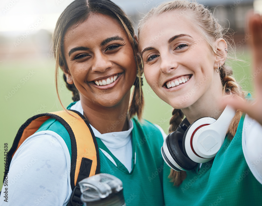 Selfie, sports and portrait of women friends on field smile for training, exercise and workout. Fitness, team and happy people take profile picture for social media, memory and bonding in sport club