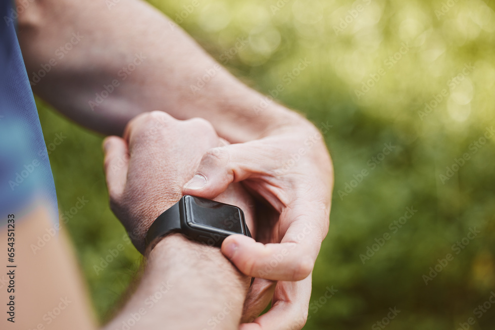 Hands, runner and check smart watch in park for steps, data or time app with results, fitness or nature. Person, iot clock or monitor for speed, heart rate or reading for exercise, workout or health