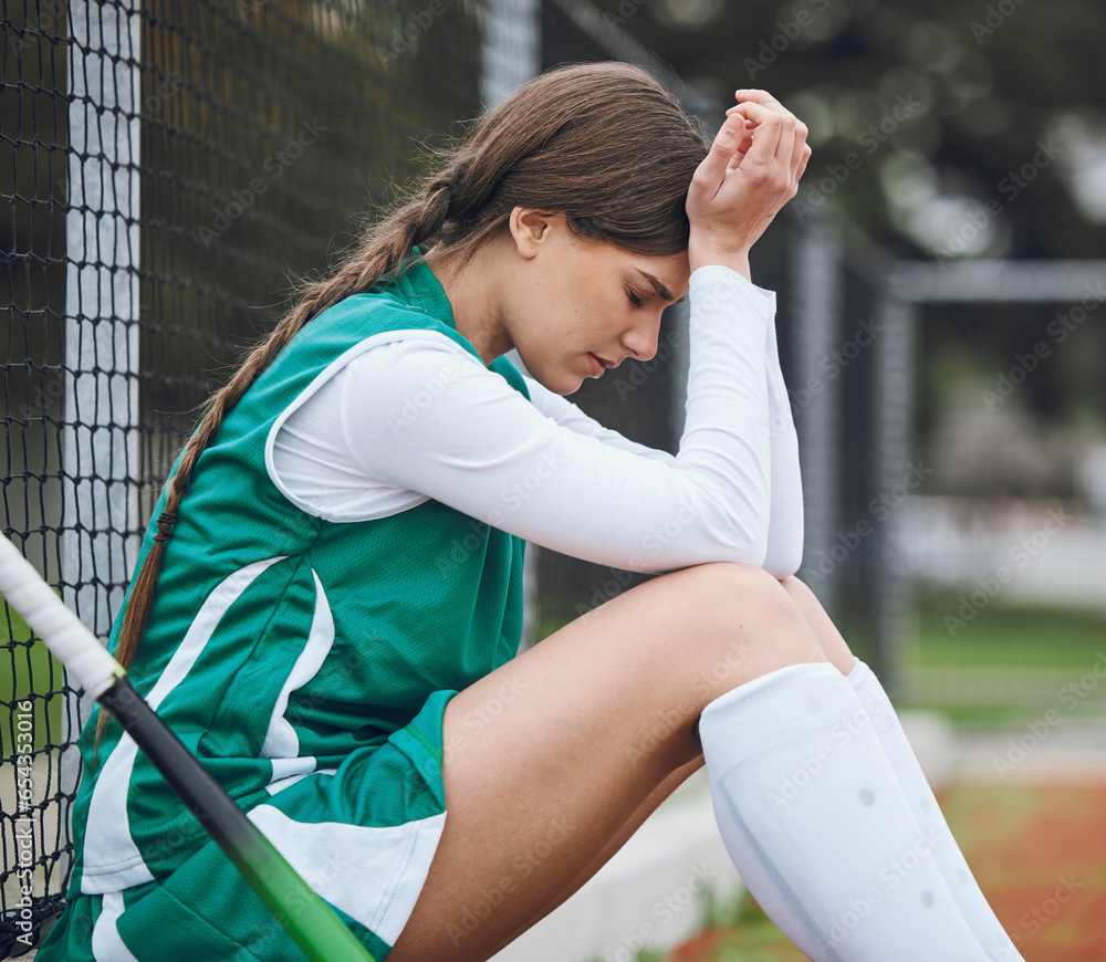 Sad, woman and athlete fail in sports, game or performance and frustrated with stress or anxiety in competition. Match, loser and person angry with field hockey, fitness or upset with mistake