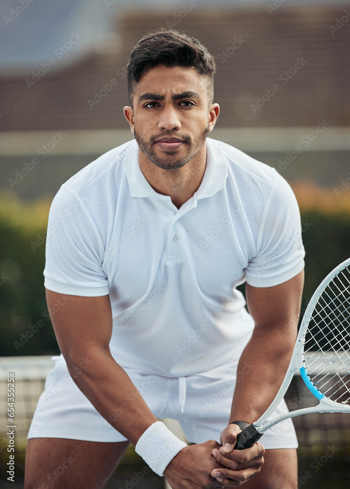 Outdoor, athlete and portrait of man in tennis, competition or game on court with training, exercise or workout. Sports, player or person with serious fitness mindset in healthy match or tournament