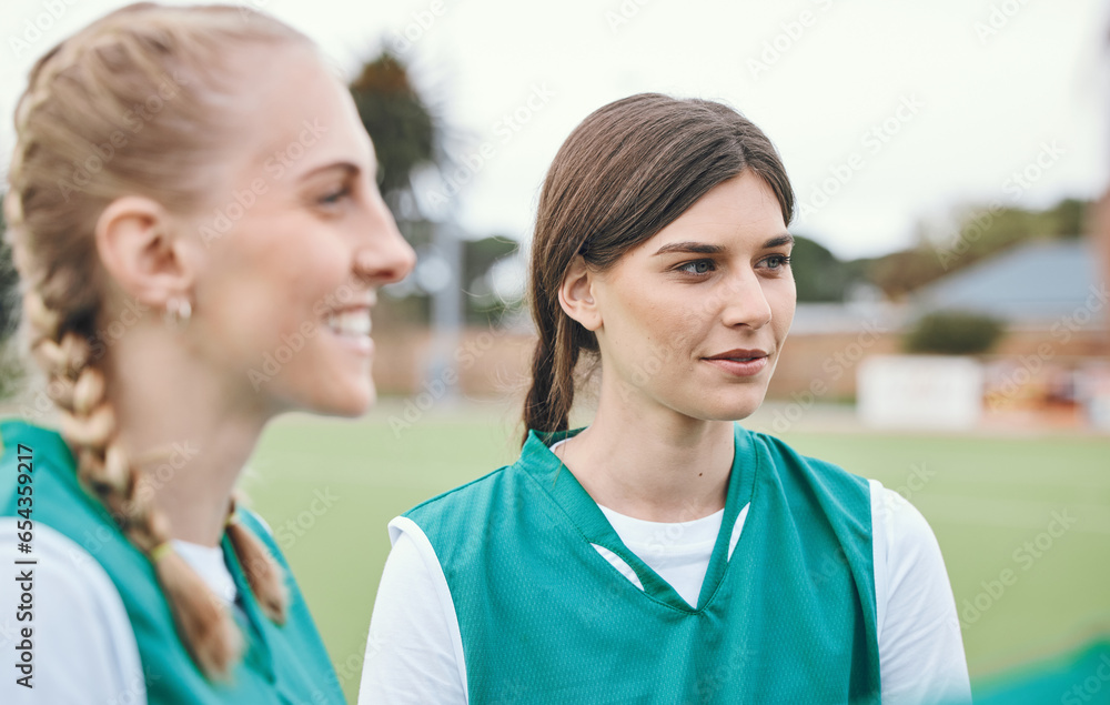 Hockey women, team talk and training on field, circle and advice for game, competition or strategy. Girl, group and together for contest, sports and happy with planning, exercise and listen for goal