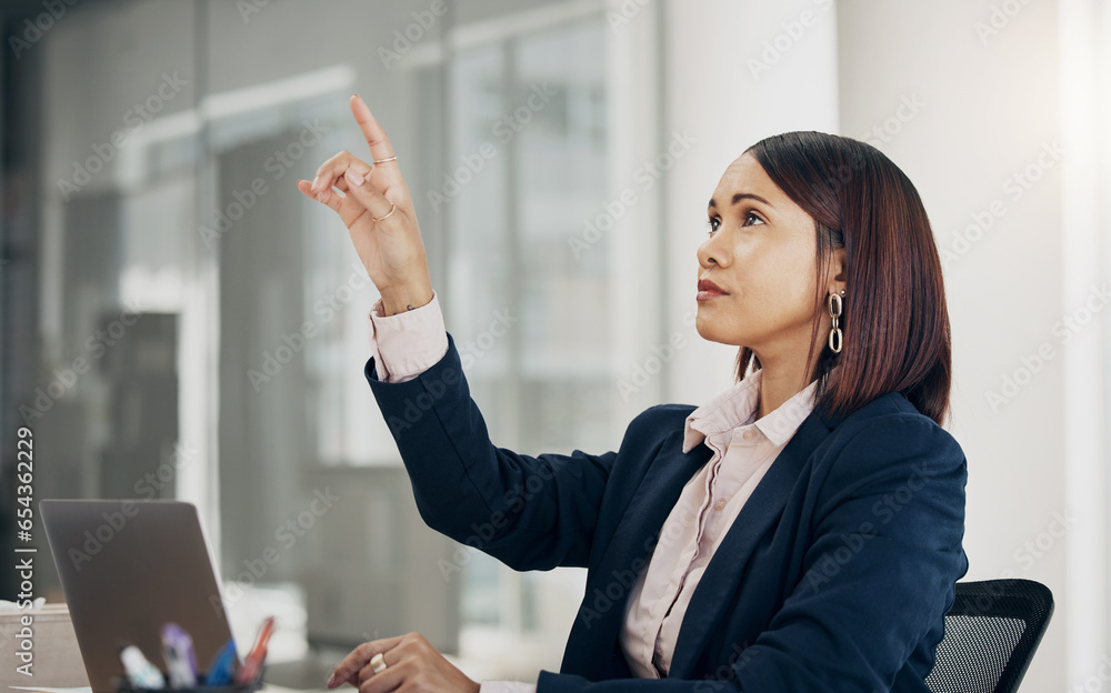 Press, laptop and corporate woman in virtual metaverse for online presentation or software connection in an office. Planning, internet and employee in a tech startup working digital strategy