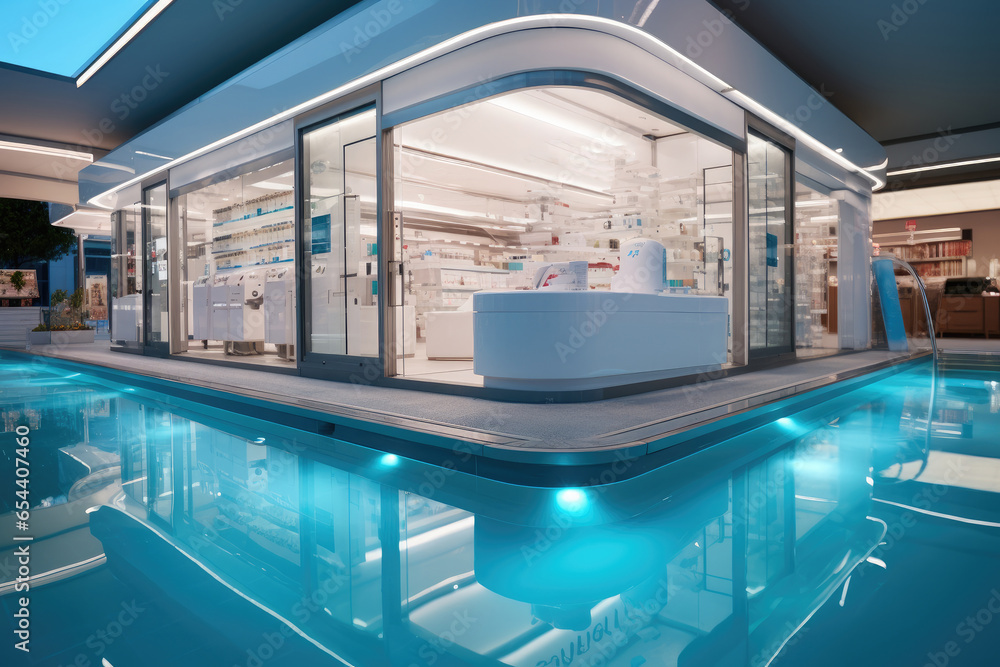 Shopping counter on swimming pool at department store.