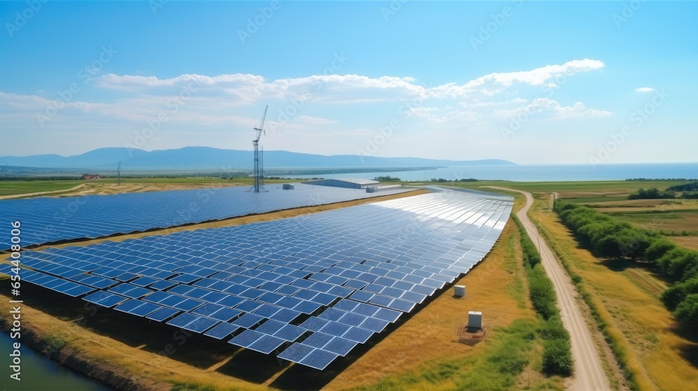 Solar panels with thermal power station, Aerial view, Renewable energy.