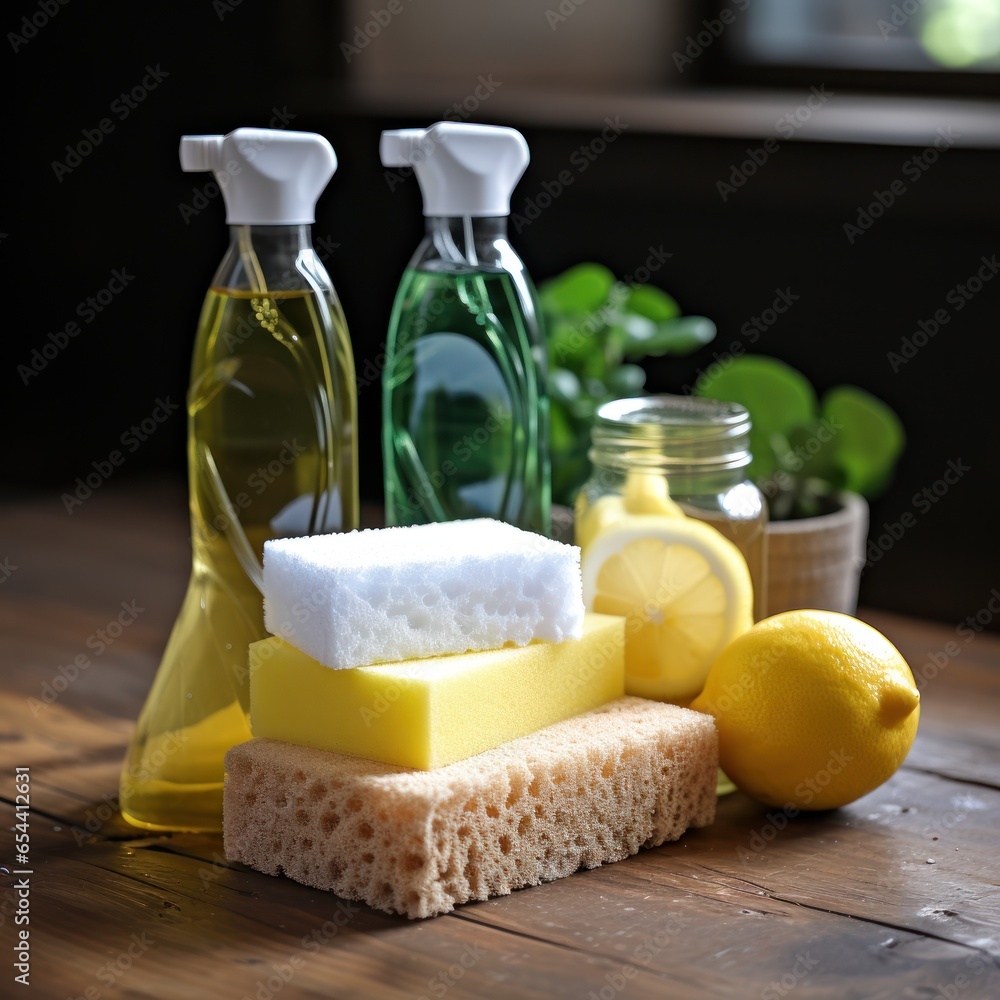 Spray bottle and sponge cleaning supplies