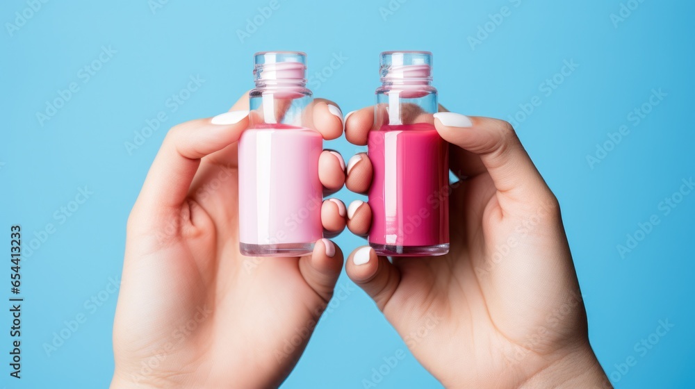 Hands holding pink and blue nail polish - Manicure essentials