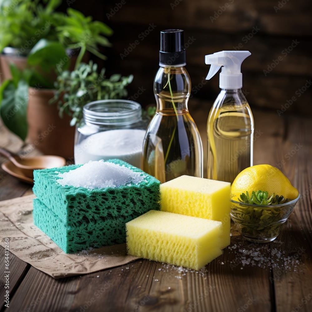 Spray bottle and sponge cleaning supplies