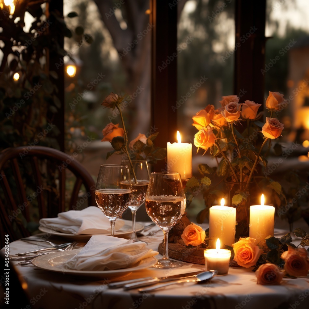 Candlelit dinner. romantic, intimate, cozy, elegant, sophisticated