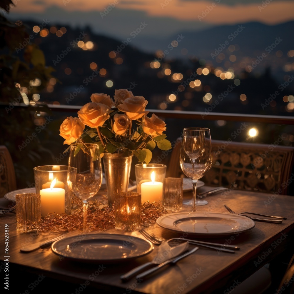 Candlelit dinner. romantic, intimate, cozy, elegant, sophisticated