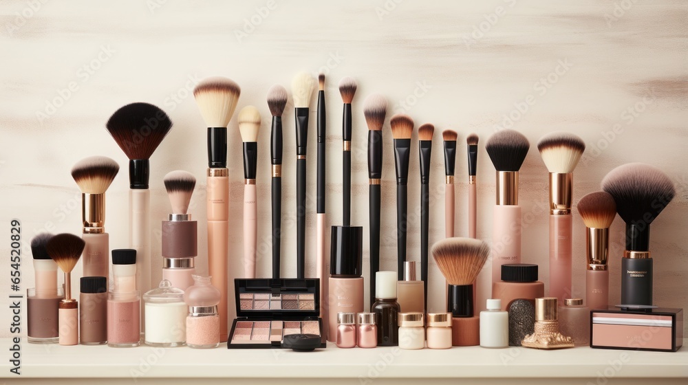 Collection of makeup products and brushes - Glamorous beauty essentials