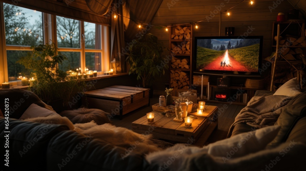 Movie night at home. cozy, intimate, casual, comfortable, romantic