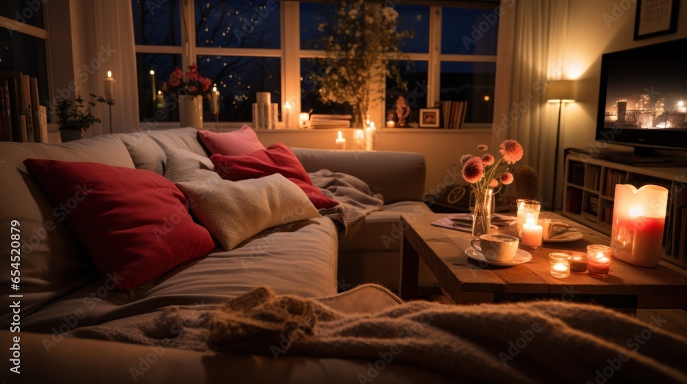 Movie night at home. cozy, intimate, casual, comfortable, romantic