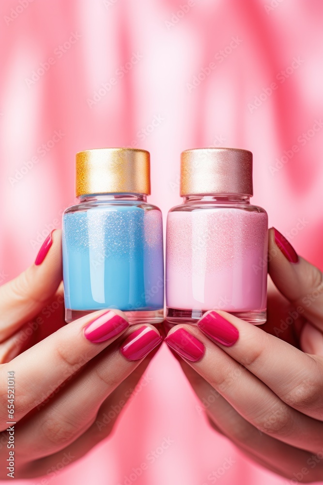 Hands holding pink and blue nail polish - Manicure essentials