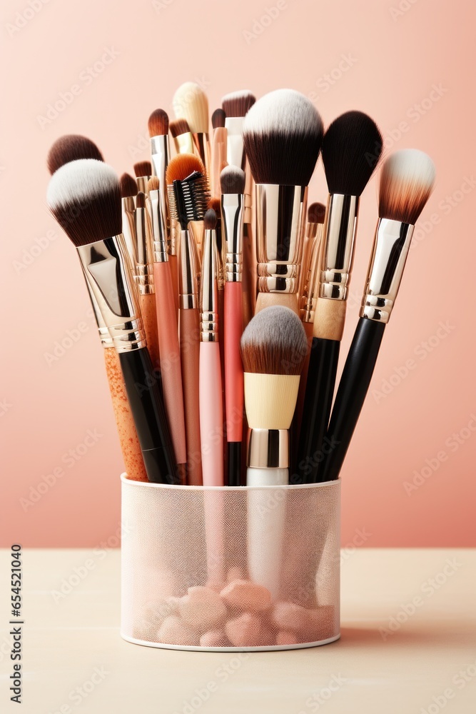 Collection of makeup products and brushes - Glamorous beauty essentials