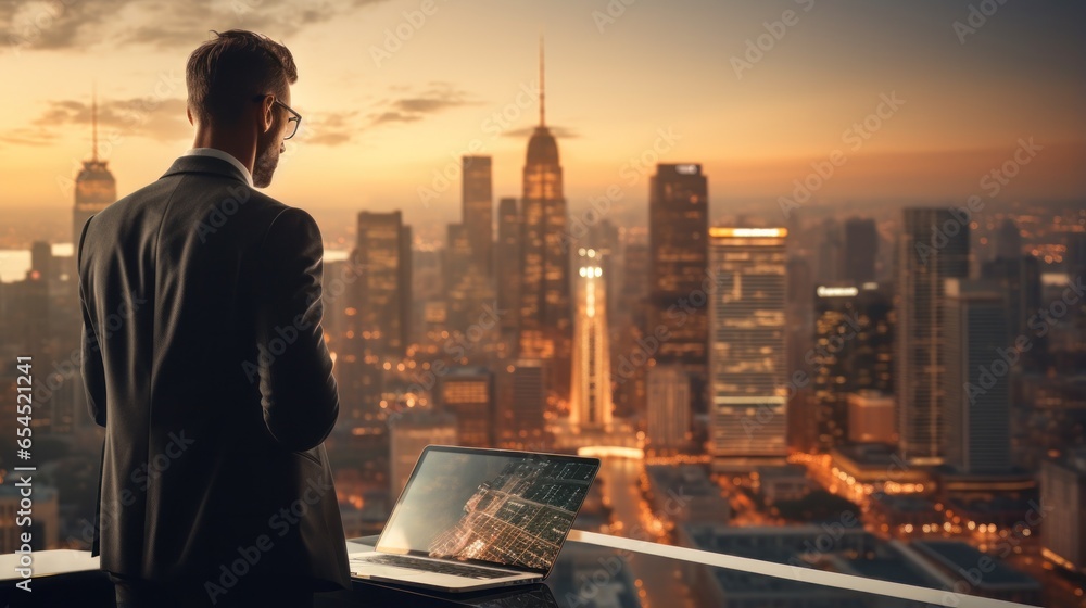 Businessman with laptop and city skyline backdrop