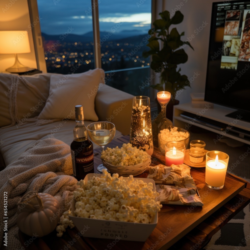 Movie night at home. cozy, intimate, casual, comfortable, romantic