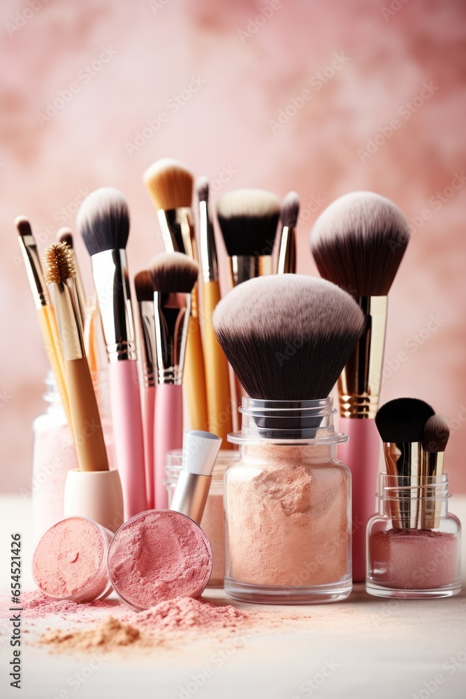 Collection of makeup products and brushes - Glamorous beauty essentials