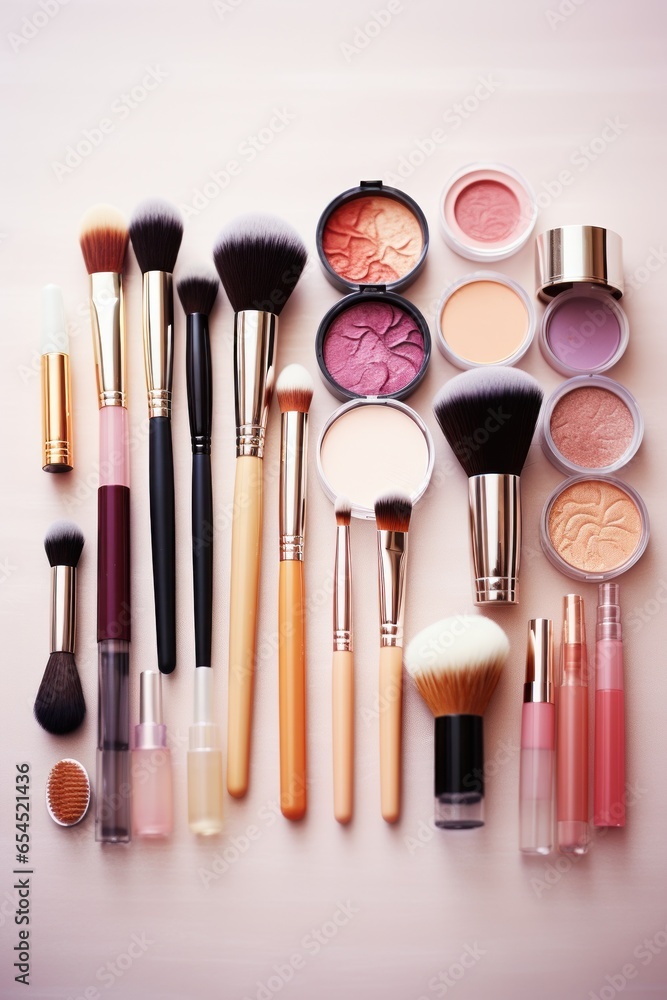 Collection of makeup products and brushes - Glamorous beauty essentials