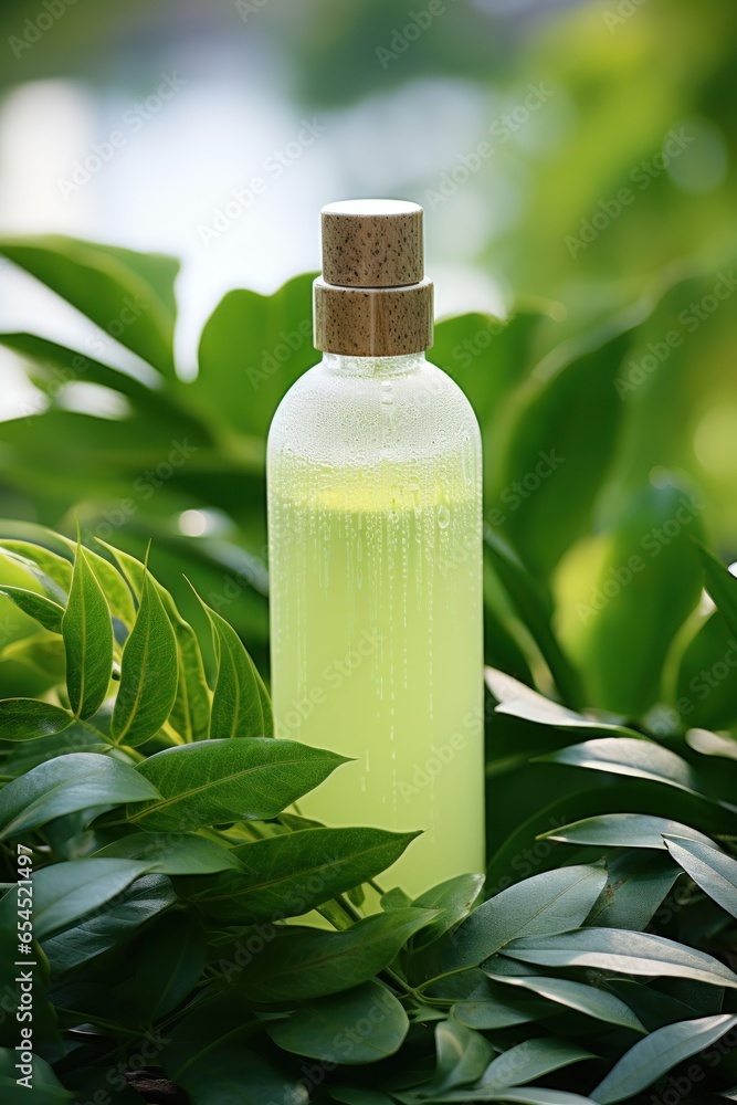 Green leaves with natural skin care products - Eco-friendly beauty