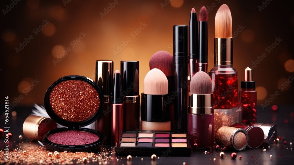 Collection of makeup products and brushes - Glamorous beauty essentials