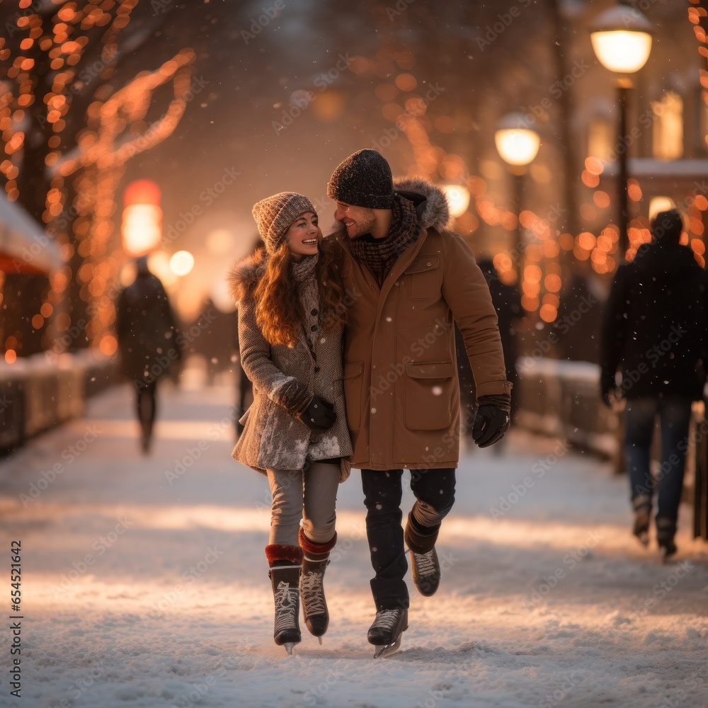 Ice skating. playful, romantic, exhilarating, fun, wintery