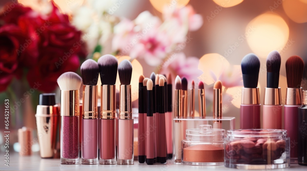 Collection of makeup products and brushes - Glamorous beauty essentials