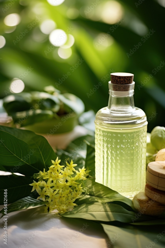 Green leaves with natural skin care products - Eco-friendly beauty