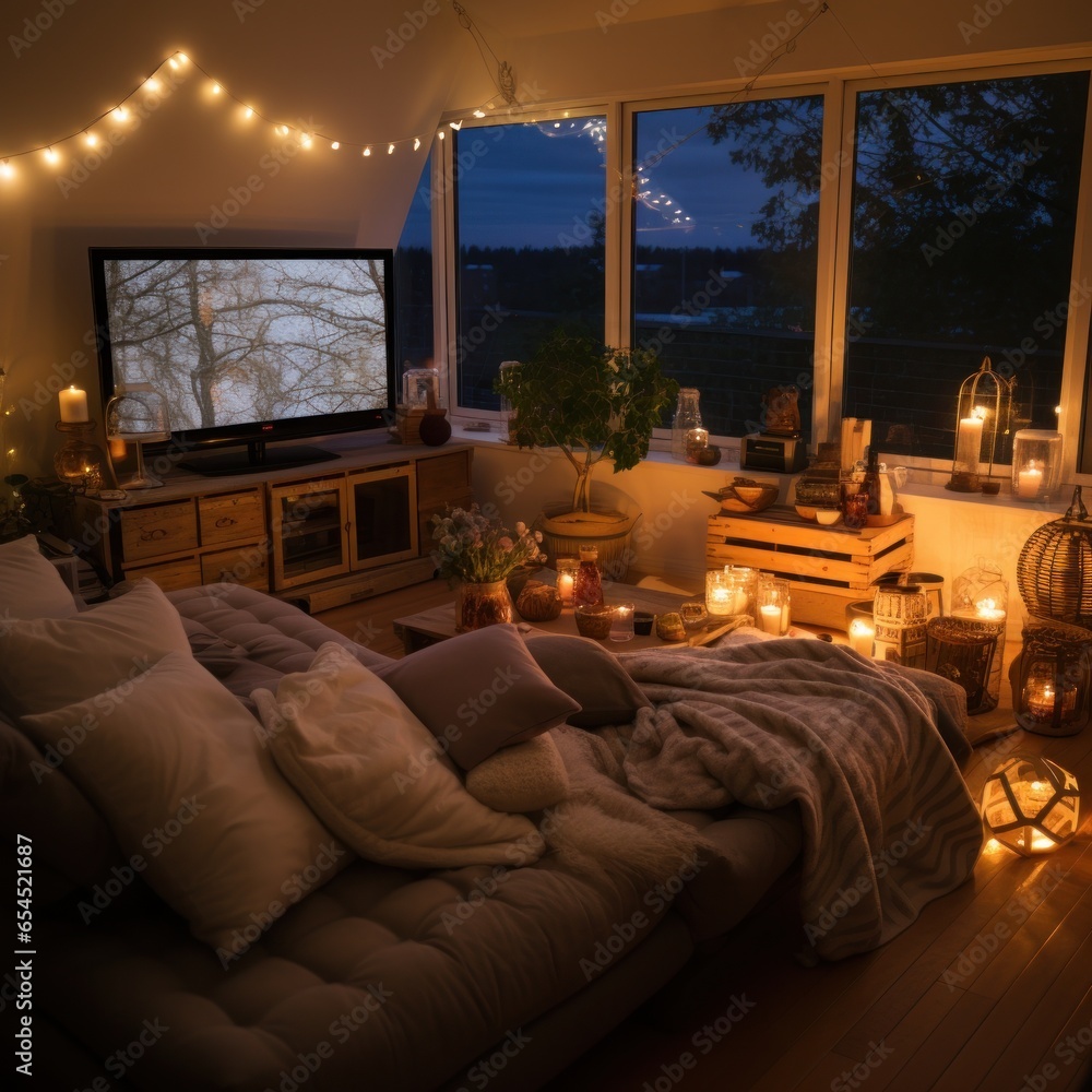 Movie night at home. cozy, intimate, casual, comfortable, romantic