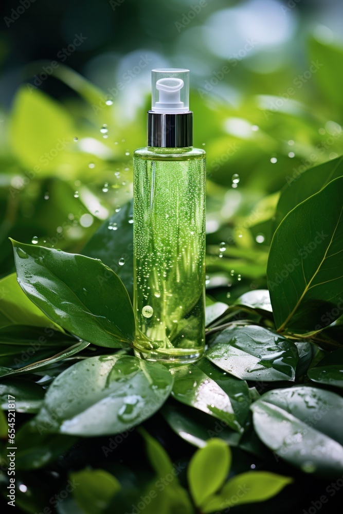 Green leaves with natural skin care products - Eco-friendly beauty