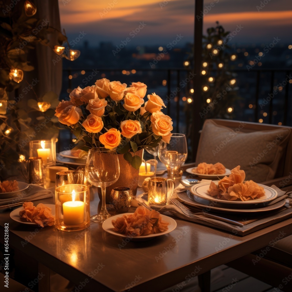 Candlelit dinner. romantic, intimate, cozy, elegant, sophisticated