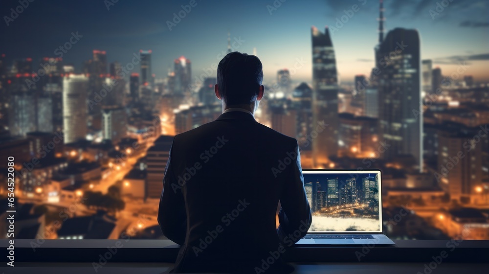 Businessman with laptop and city skyline backdrop