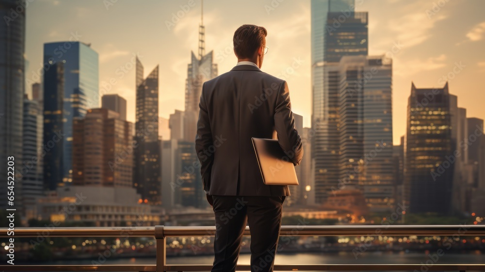 Businessman with laptop and city skyline backdrop