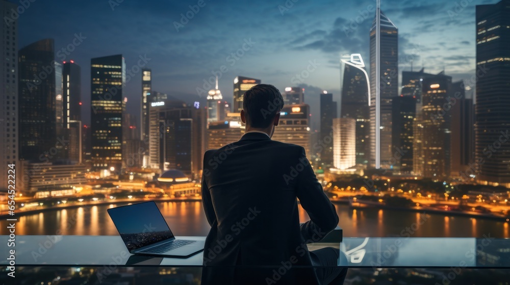 Businessman with laptop and city skyline backdrop