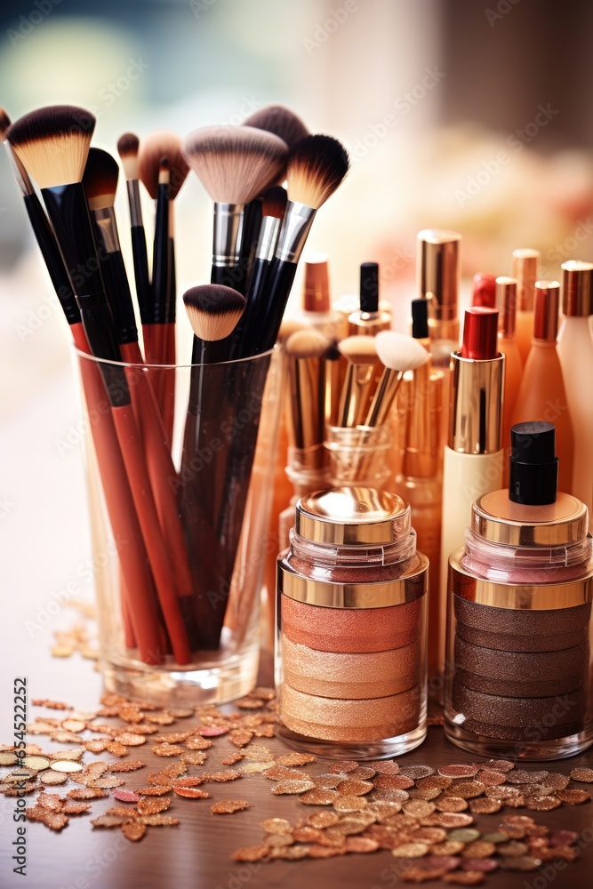 Collection of makeup products and brushes - Glamorous beauty essentials