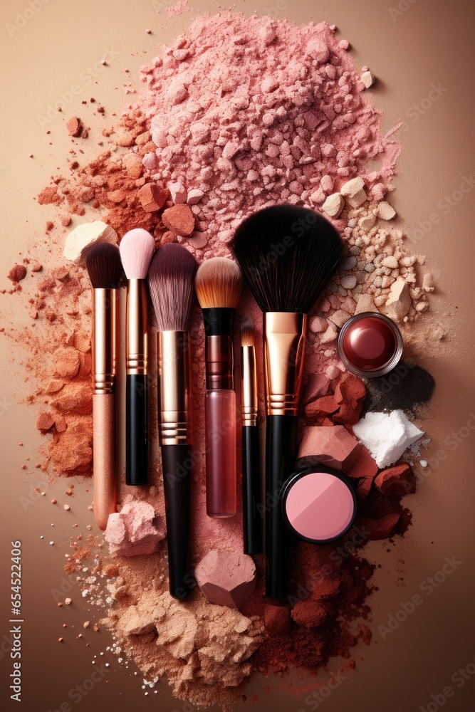 Collection of makeup products and brushes - Glamorous beauty essentials