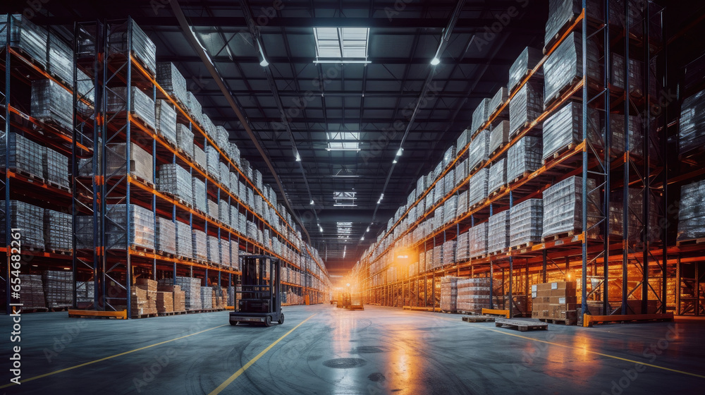 Panorama of huge distribution warehouse with high shelves with forklift at large warehouse. Generative Ai