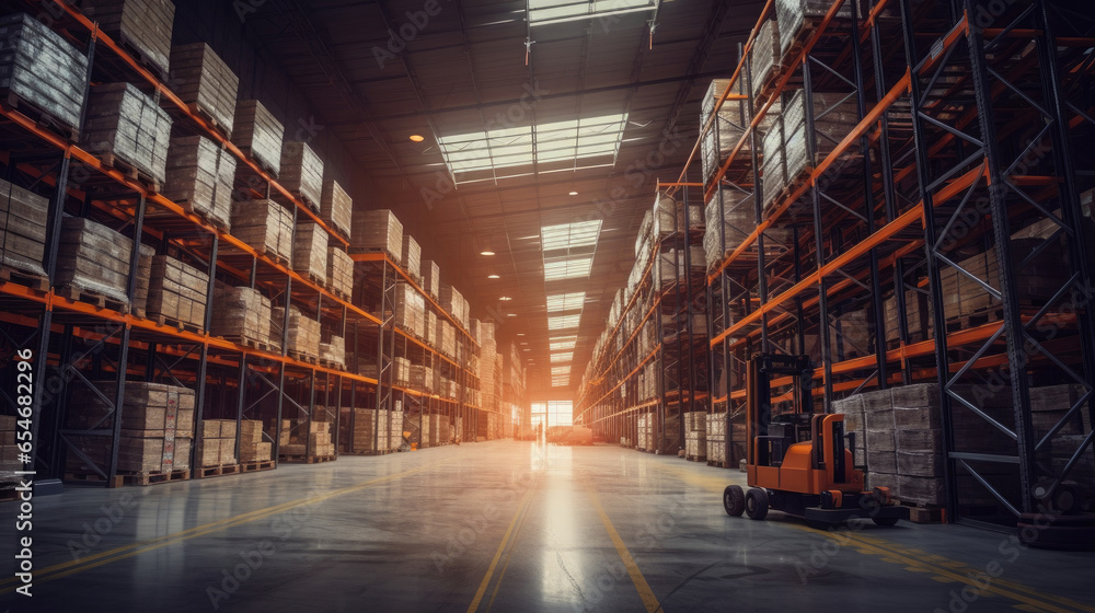 Panorama of huge distribution warehouse with high shelves with forklift at large warehouse. Generative Ai