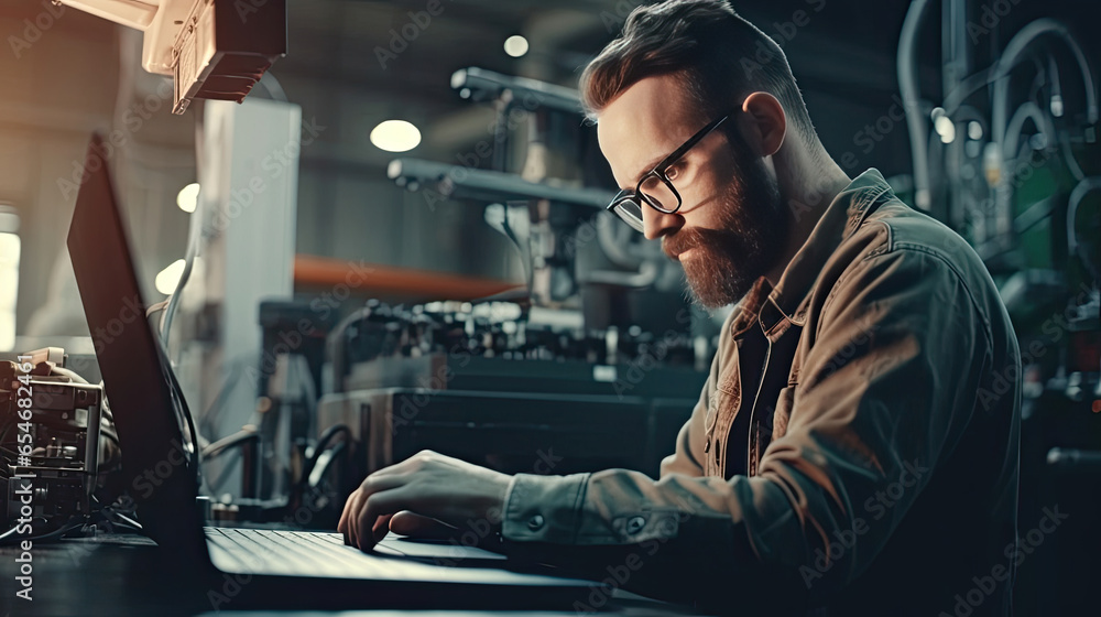 Professional worker using laptop for checking machine in manufacturing industry. Generative Ai