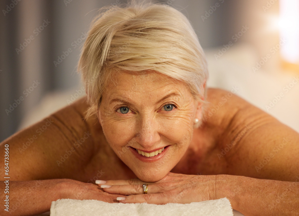 Relax, portrait and senior woman at a spa for health, wellness and anti aging skincare treatment. Calm, beauty and closeup of elderly female person with wrinkles face routine at a natural salon.