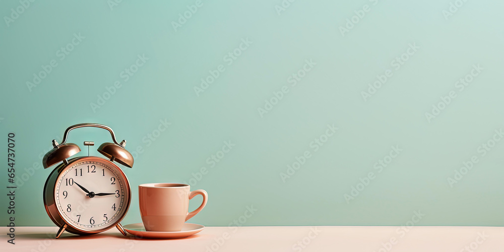 Vintage alarm clock and cup of hot coffee on the uniform pastel backdrop with a copy space. Generative AI