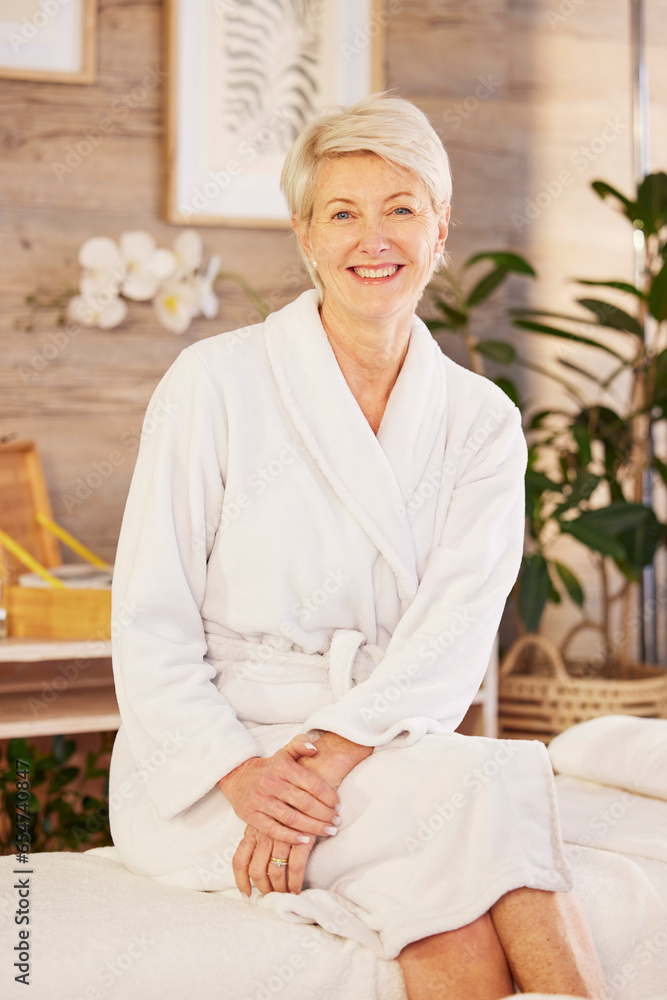 Smile, portrait and senior woman at a spa for health, wellness and anti aging skincare treatment. Beauty, happy and elderly female person in retirement with wrinkles face routine at a natural salon.