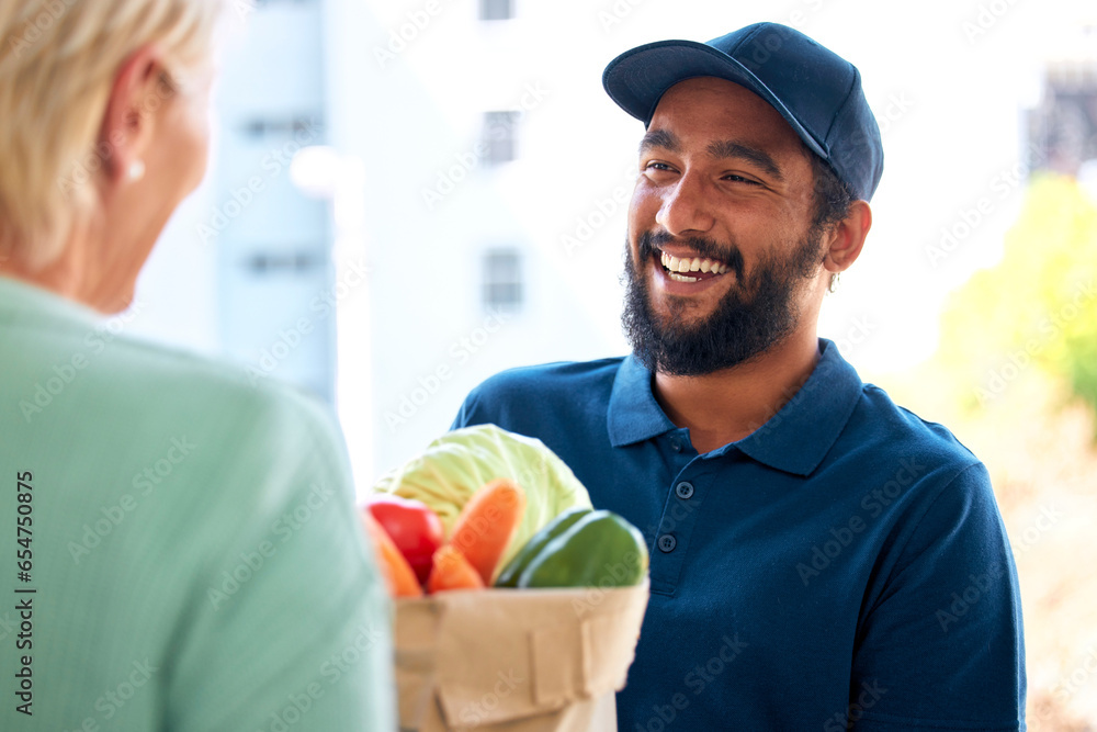 Delivery man, food and smile for customer, groceries and fresh produce from online shopping. Happy delivery man, supermarket discount and deal from supply chain, distribution with front door service.